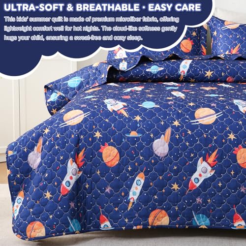 CIMVI Space Rocket Universe Quilt Set Twin for Kids Boys Bedding Sets with Pillowcase Soft Microfiber Bedspread Lightweight Cute Summer Quilted Blanket All-Season CIMVI