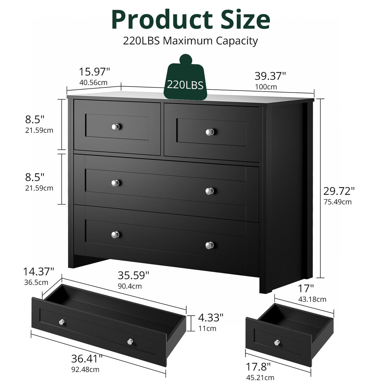 SunsGrove 40 inch Wide 4 Drawer Dresser, Modern Black Wooden Chest for Home Organization, Storage Cabinet for Bedroom, Living Room, Home Office SunsGrove