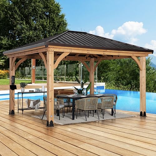 Backyard Discovery Barrington 14 ft. x 12 ft. Hip Roof Cedar Wood Gazebo Pavilion, Shade, Rain, Hard Top Steel Metal Roof, All Weather Protected, Wind Resistant up to 100 mph, Holds up to 106 - WoodArtSupply