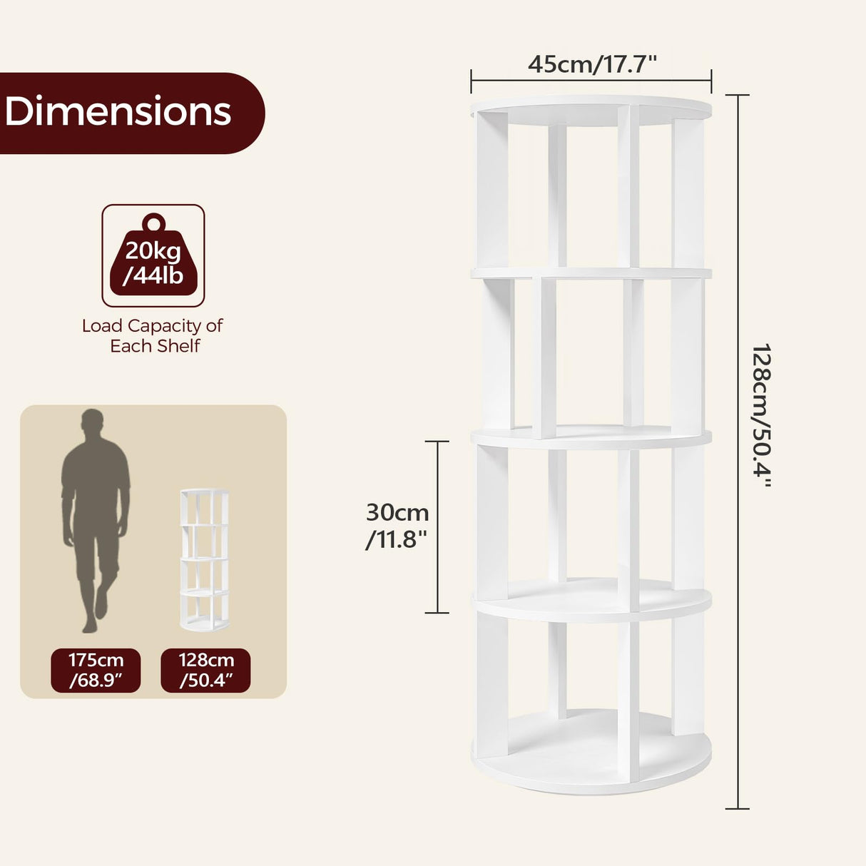 MAHANCRIS 4-Tier Rotating Bookshelf, 360° Spinning Bookshelf Tower, Floor Standing Round Revolving Bookcase, Display Rack for Books, CDs, for Living Room, Study, Bedroom, White BKWT6401 MAHANCRIS
