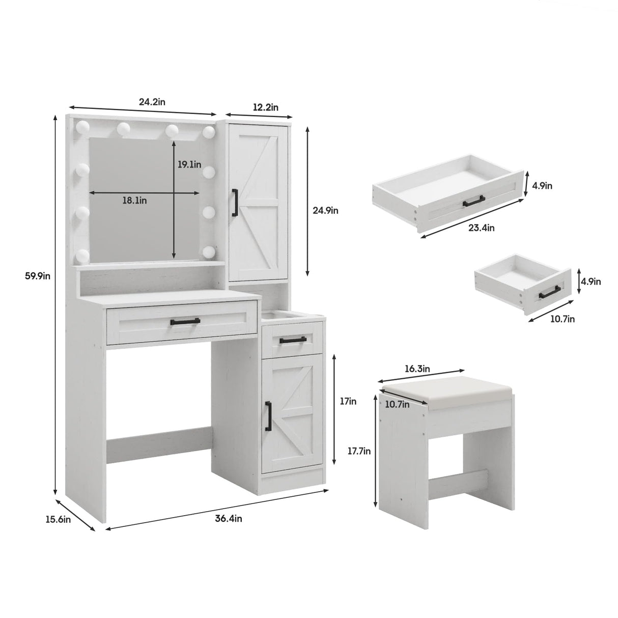 Fameill Vanity Desk with Mirror and Lights,Make up Vanity with Chair and Outlet,Dressing Table with Jewelry Cabinet, Bedroom Vanity with 2 Drawers, 3 Lighting Colors,36.4 inch,White Fameill