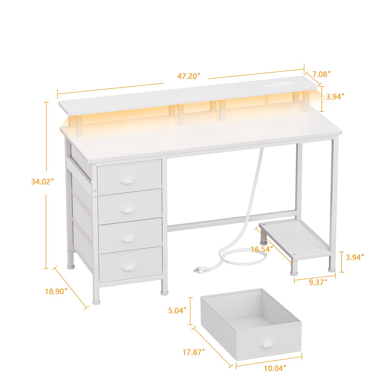 Furologee Computer Desk with 4 Fabric Drawers, 47in Gaming Desk with Power Outlets and LED Lights, Home Office Desk with Full Monitor Stand and Shelf, Study Writing Desk for Bedroom, White Furologee