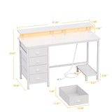 Furologee Computer Desk with 4 Fabric Drawers, 47in Gaming Desk with Power Outlets and LED Lights, Home Office Desk with Full Monitor Stand and Shelf, Study Writing Desk for Bedroom, White Furologee
