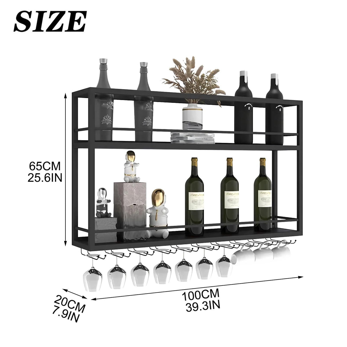 Industrial Wall Mounted Wine Rack, 2-Tier Wood Wine Bottle Shelf with Stemware Rack, Black Wine Glass Rack Multi Functional Wine Storage Display Rack for Home Bar Dining Room Kitchen (39.3×7.8×26in) SPTZQURY