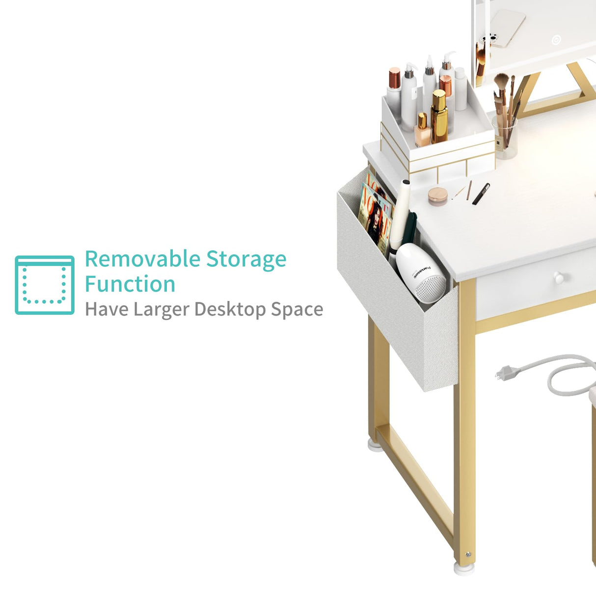 Lufeiya Small Makeup Vanity Desk with Fabric Drawers, 32 inch White Vanity Desks with Mirror and Light, Dressing Table and Chair Set with Power Outlet for Girls Bedroom, White Gold Lufeiya