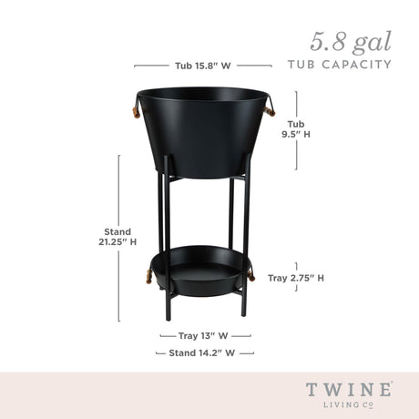 Twine Black Beverage Tub with Collapsible Stand, Large Metal Bucket and Tray, Ice Drink Buckets with Acacia Wood Handles for Parties, 3-Piece Set Twine