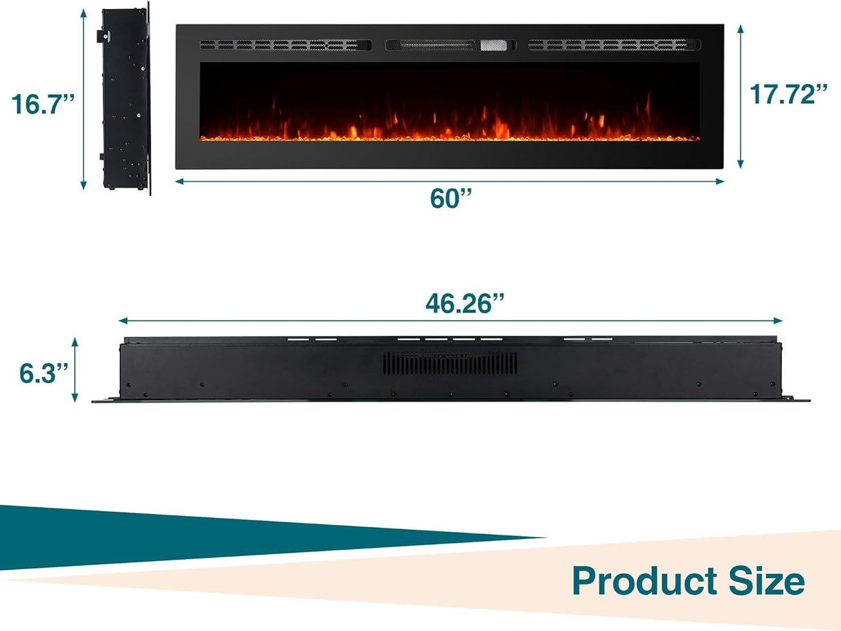 60" Recessed and Wall Mounted Fireplace Electric Fireplacewith Smart WiFi Infrared Linear Fireplace Heater 750w/1500w &12 LED Flame Colors & Timer Remote, Low Noise Operation Attracoast