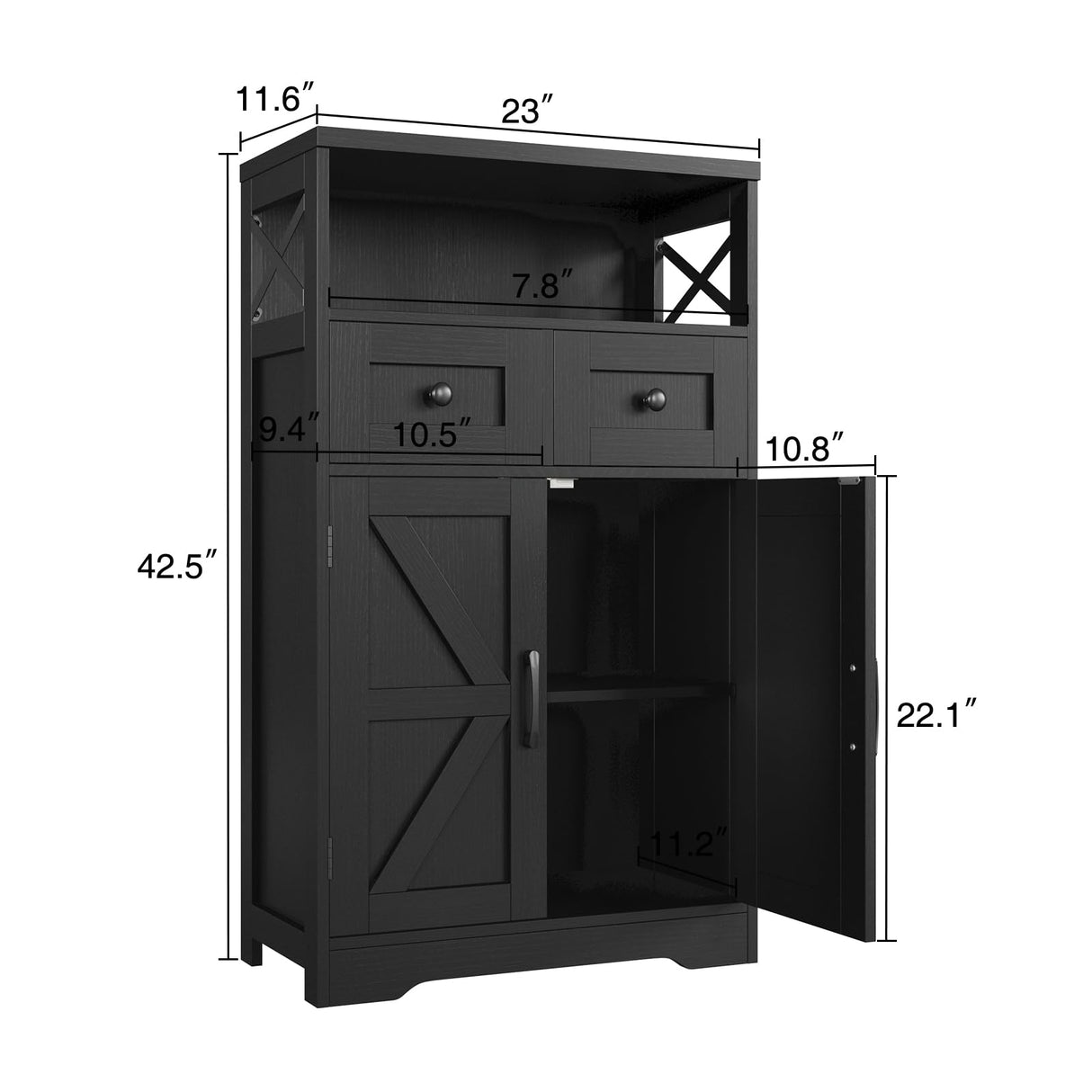 Black Storage Cabinet with Doors and Shelves, Farmhouse Kitchen Pantry Storage Cabinet, Small Coffee Bar Cabinet with Storage, Freestanding Floor Hutch Cupboard Cabinet for Kitchen/Laundry/Living Room FiveWillowise