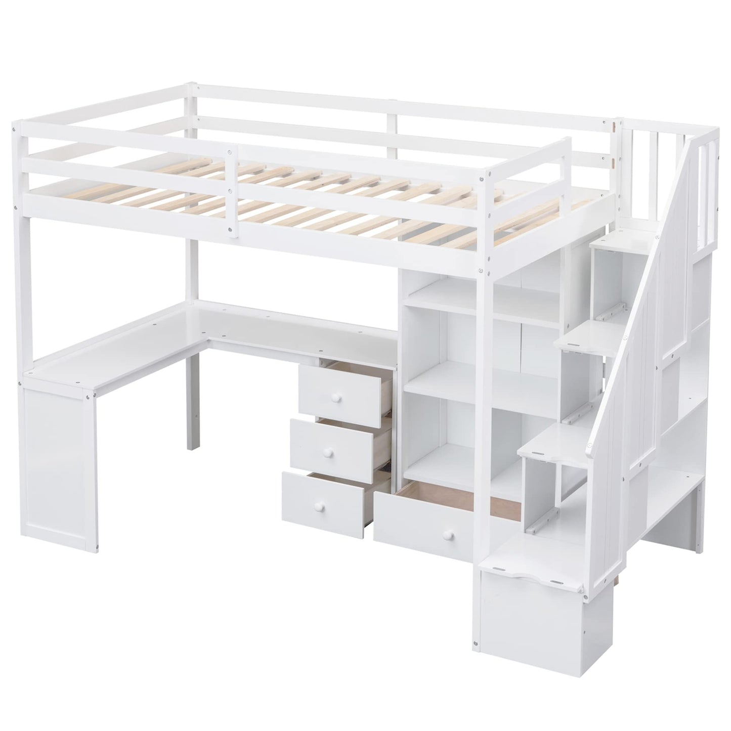 VilroCaz Twin Size Loft Bed with L-Shaped Desk, Storage Staircase, and Cabinet in White - WoodArtSupply