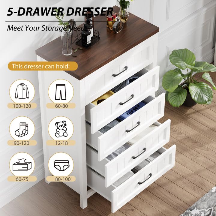 Jocoevol 5 Drawer Dresser for Bedroom - Farmhouse 44.9" Tall Chest of Dresser with Large Storage, Rubst Wood Construction for Living Room, Hallway & Entryway - White (White & Brown) Jocoevol