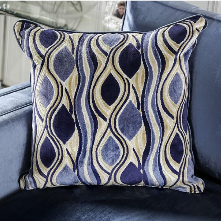 MASARA Contemporary Satin Blue Microfiber Sofa, 96 inch with Chrome Legs, Track Arms, Silver Accent Pillows MASARA