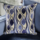 MASARA Contemporary Satin Blue Microfiber Sofa, 96 inch with Chrome Legs, Track Arms, Silver Accent Pillows MASARA