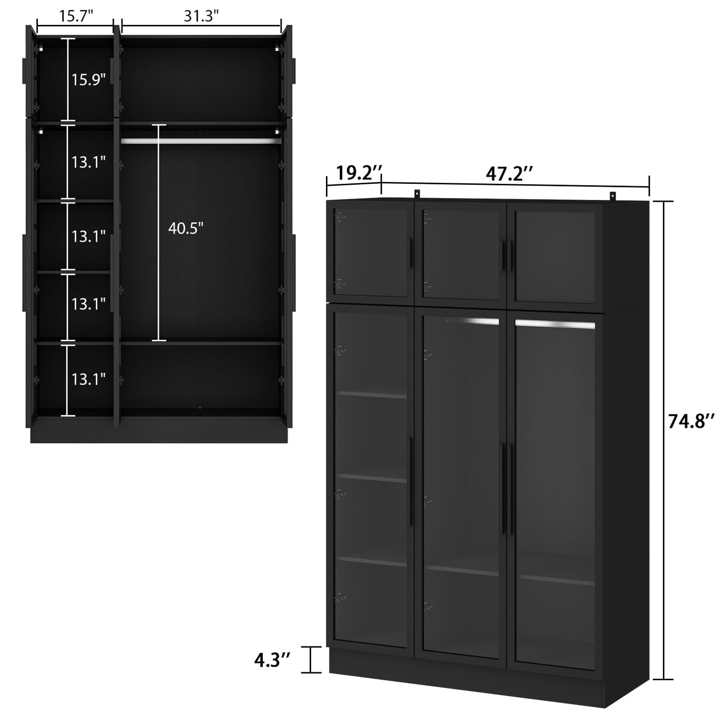 Homsee LED Lighted 5-Tier Glass Door Bookcase in Black with Hanging Bar – 47.2" Wooden Storage Cabinet for Home & Office - WoodArtSupply