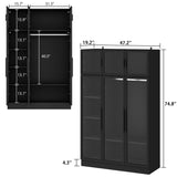 Homsee LED Lighted 5-Tier Glass Door Bookcase in Black with Hanging Bar – 47.2" Wooden Storage Cabinet for Home & Office Homsee