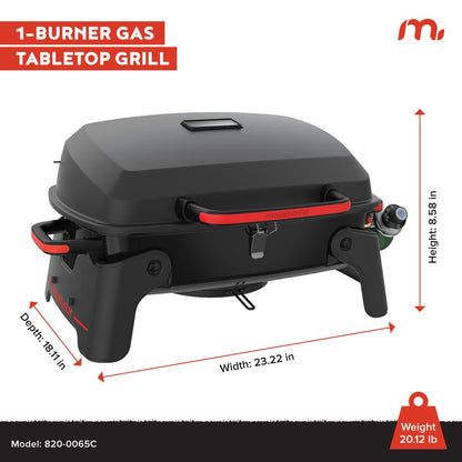 Megamaster 820-0065C 1 Burner Portable Gas Grill for Camping, Outdoor Cooking , Outdoor Kitchen, Patio, Garden, Barbecue with Two Foldable legs, Red + Black