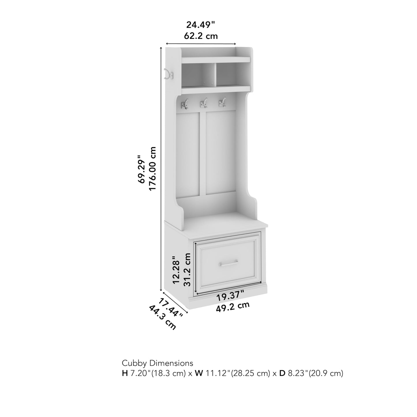 Bush Furniture Woodland Hall Tree and Small Shoe Bench with Drawer | Narrow Foyer, Mudroom, Entryway Storage, 24W, White Washed Maple - WoodArtSupply