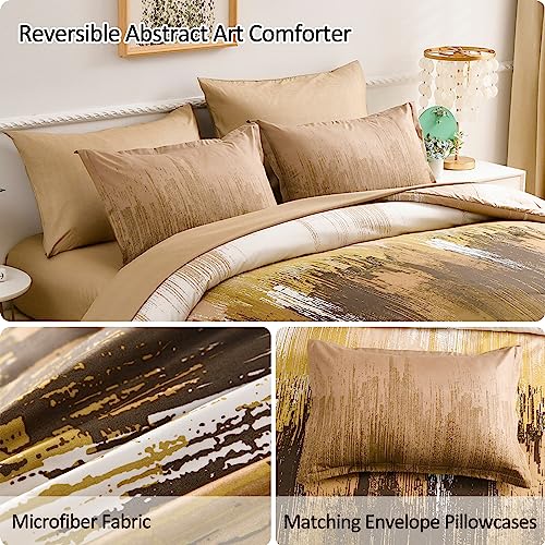 WONGS BEDDING Brown Comforter Set Queen,7 Pieces Bed in a Bag Abstract Art Gradient Comforter Soft Microfiber Bedding Set -1 Comforter, 1 Flat Sheet, 1 Fitted Sheet, 2 Pillow Shams,2 Pillowcases WONGS BEDDING
