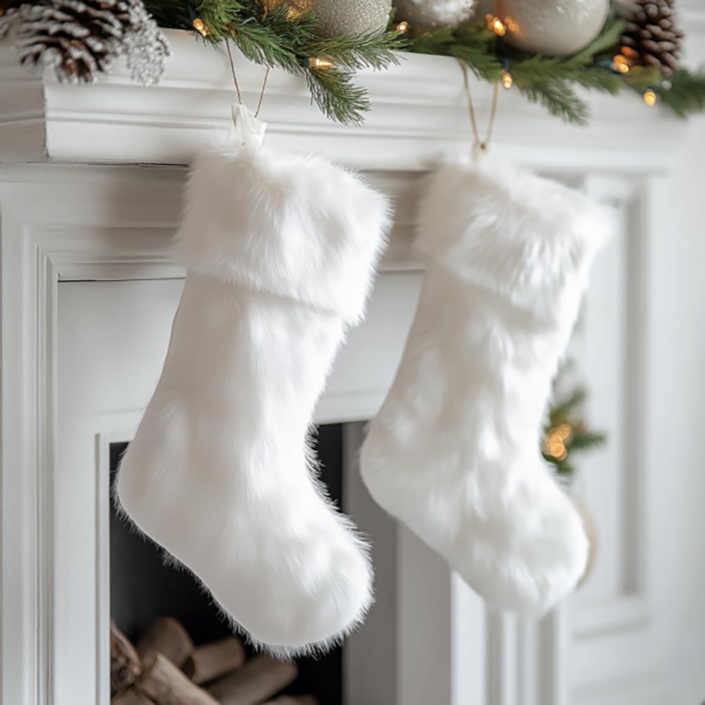 AOGU 3 Pack 18 Inch Snowy White Christmas Stockings Faux Fur Xmas Christmas Stockings Hanging Ornaments Candy Gift Bags for Christmas Decorations AOGU