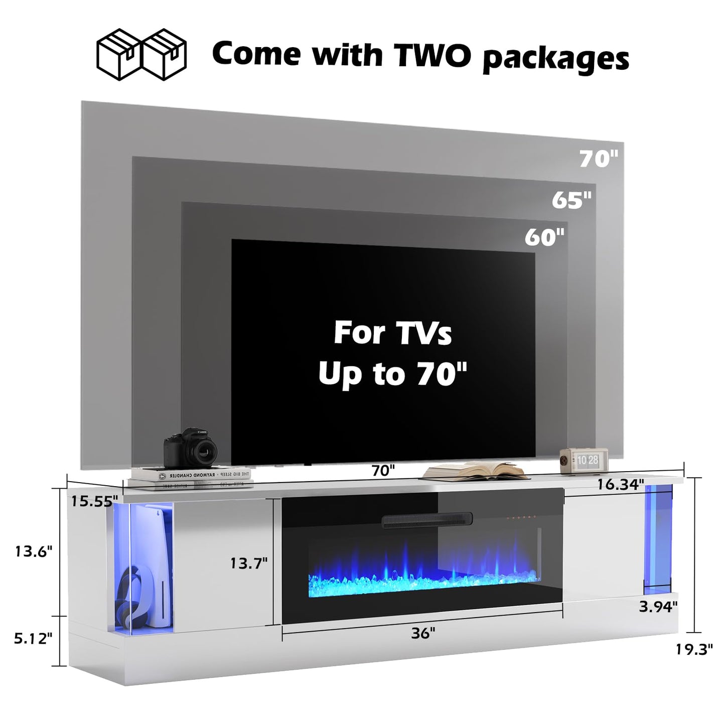 LUXOAK Fireplace TV Stand with 40" Electric Fireplace, 80" Modern Wood Grain High-Gloss TV Cabinet for Living Room, LED Entertainment Center with Flip-Down Doors for TVs up to 85", White