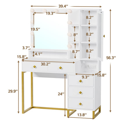 Tiptiper Makeup Vanity with Lights & Charging Station, Large Vanity Desk with Mirror and Lights, Makeup Table with 5 Drawers & Shelves, White and Gold - WoodArtSupply