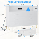 Patikuin White Dresser for Bedroom with LED Light & Charging Station, 6 Drawers Wooden Dressers with Open Space, Modern Chest of Double Wide Drawers for Living Room, Entryway, Hallway TV Stand Patikuin