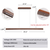 47.2" Wood Linear Pendant Light 34W Led Dimmable Dining Pendant Light Wood Kitchen Island Lights Ceiling Pendant Hanging Light for Dining Room Office studing Walnut Color(Ash Wood) YISDESIGN