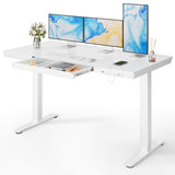Marsail Glass Standing Desk with Drawer,55 x 28 inch Electric Standing Desk, Height Adjustable Desk with One-Piece Tabletop & USB Charging Ports, Sit Stand Desk with Storage for Home & Office White Marsail
