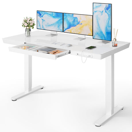 Marsail Glass Standing Desk with Drawer,55 x 28 inch Electric Standing Desk, Height Adjustable Desk with One-Piece Tabletop & USB Charging Ports, Sit Stand Desk with Storage for Home & Office White Marsail