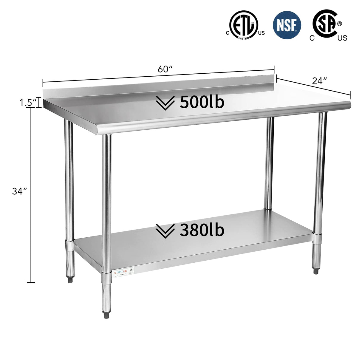 STABLEINK NSF Stainless Steel Table, 24 x 60 Inches Metal Prep & Work Table with Backsplash, Adjustable Undershelf and Table Foot, for Commercial STABLEINK