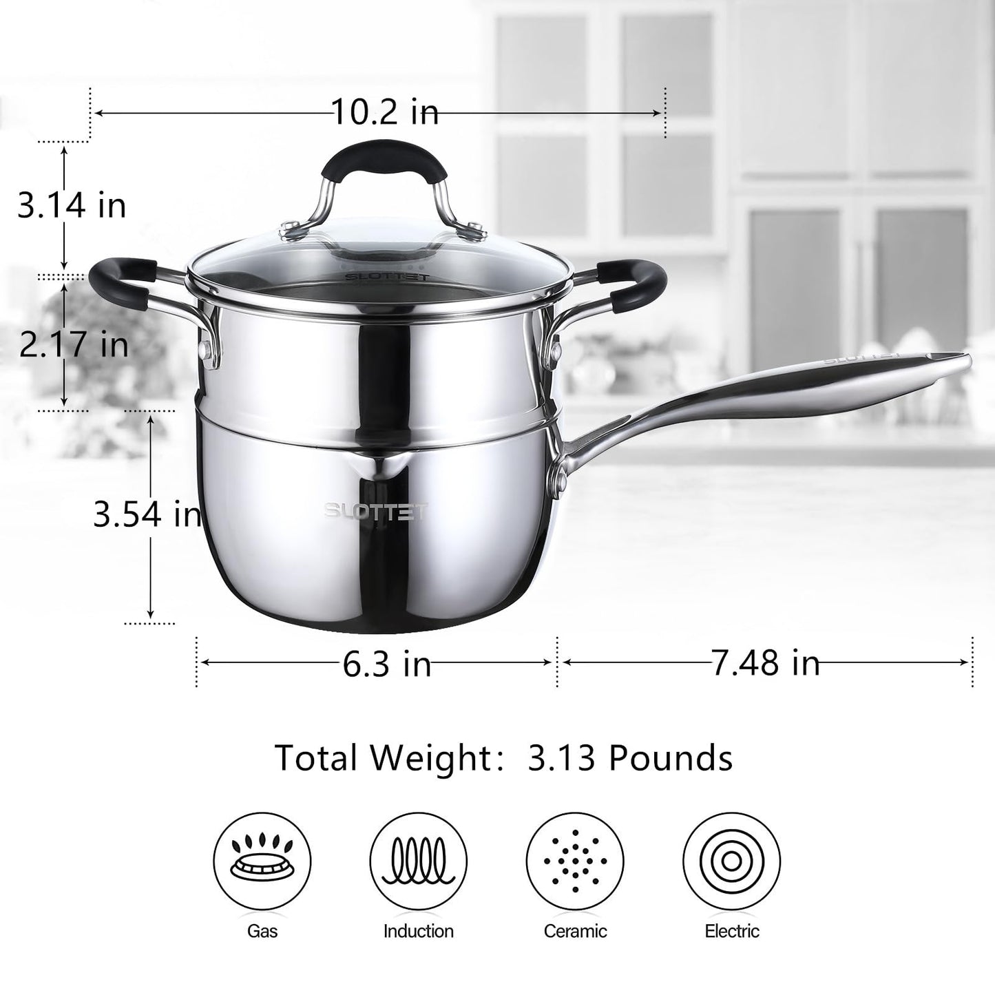 SLOTTET Tri-Ply Full Body Stainless Steel Sauce Pan with Steamer,1.5 Quart Small Multipurpose Pasta Pot with Strainer Glass Lid, Saucepan with Pour Spout for Cooking Stay-cool Handle.