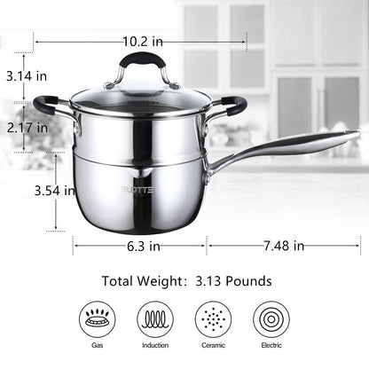 SLOTTET Tri-Ply Full Body Stainless Steel Sauce Pan with Steamer,1.5 Quart Small Multipurpose Pasta Pot with Strainer Glass Lid, Saucepan with Pour Spout for Cooking Stay-cool Handle.