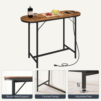 HOOBRO Rustic Brown Bar Table with Charging Station and USB Ports, 47.2" Counter Height Pub Table