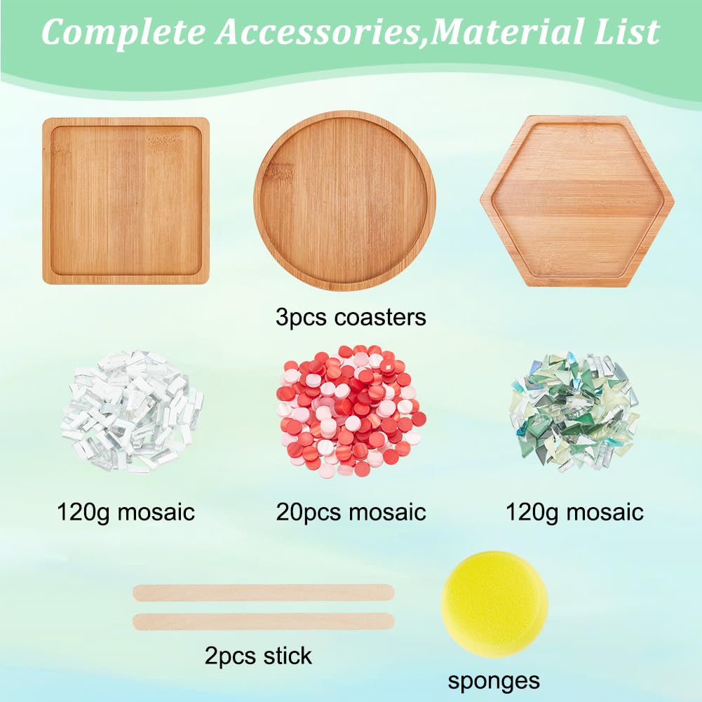 WEBEEDY 3 Styles DIY Mosaic Craft Kit Easy to Make DIY Flower Mosaic Bamboo Coasters Kits for Adults Beginner, Green Glass Mosaic Tiles with Blank Base Tray for Handmade Art Home Decor WEBEEDY