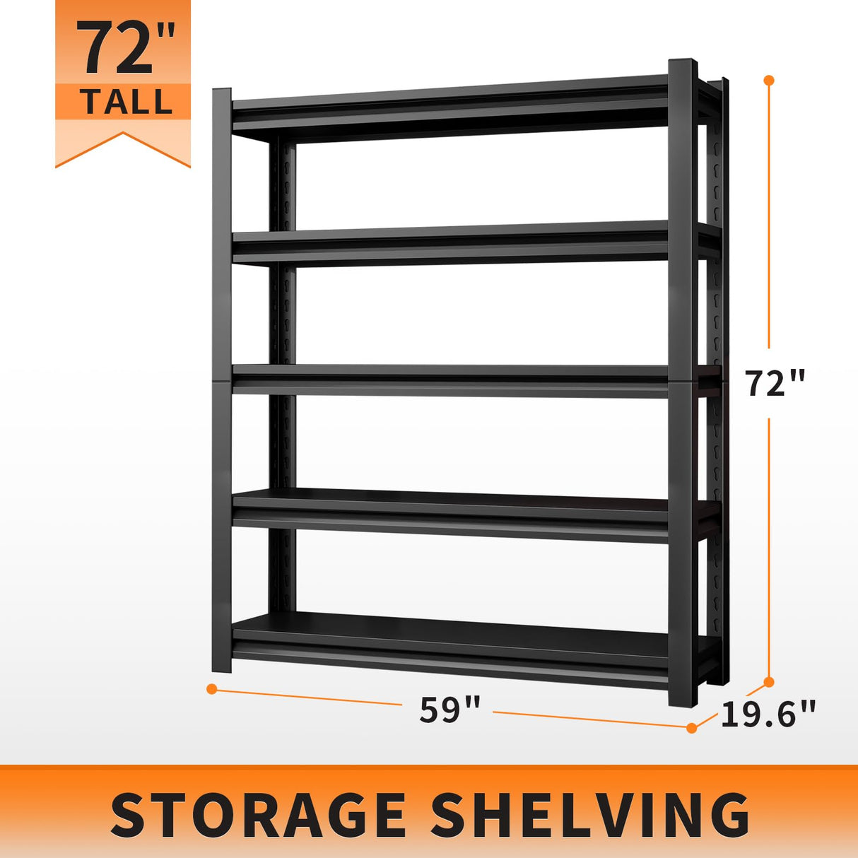 72" H Adjustable Garage Shelving 2500LBS Storage Shelves 5-Tier Heavy Duty Metal Shelves Organization Utility Industrial Shelves Rack for Garage Warehouse Pantry Basement,Black (19.6" D×59" W×72" H) Guomao