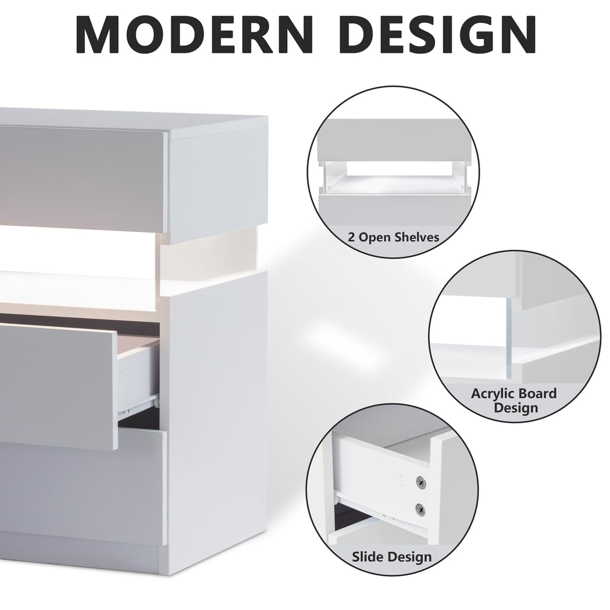 DKYNDSYN Lighted Nightstand with 3 Drawers, LED Lights with 3 Colors and Adjustable Brightness, Remote Control, 19.7" W x 14.6" D x 23.6" H, White DKYNDSYN