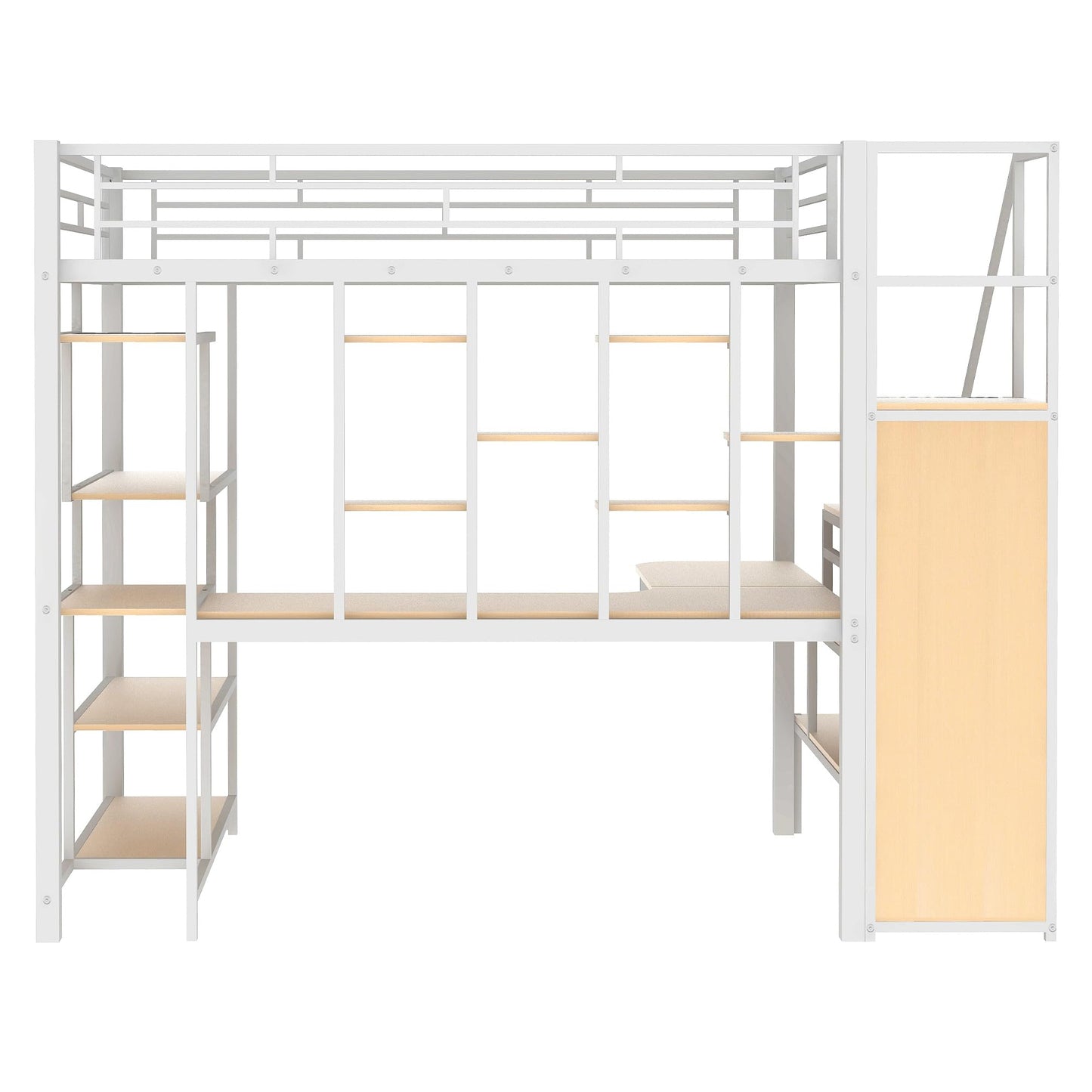 RuiSiSi Multifunctional Full Metal Loft Bed with Integrated Desk, Wardrobe, and Shelves in White - WoodArtSupply