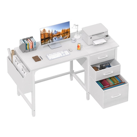 Lufeiya White Computer Desk with File Drawers Cabinet, 47 Inch Home Office Desks with Fabric Filing Cabinet for Small Space, Modern Writing Table PC Desks, White Lufeiya