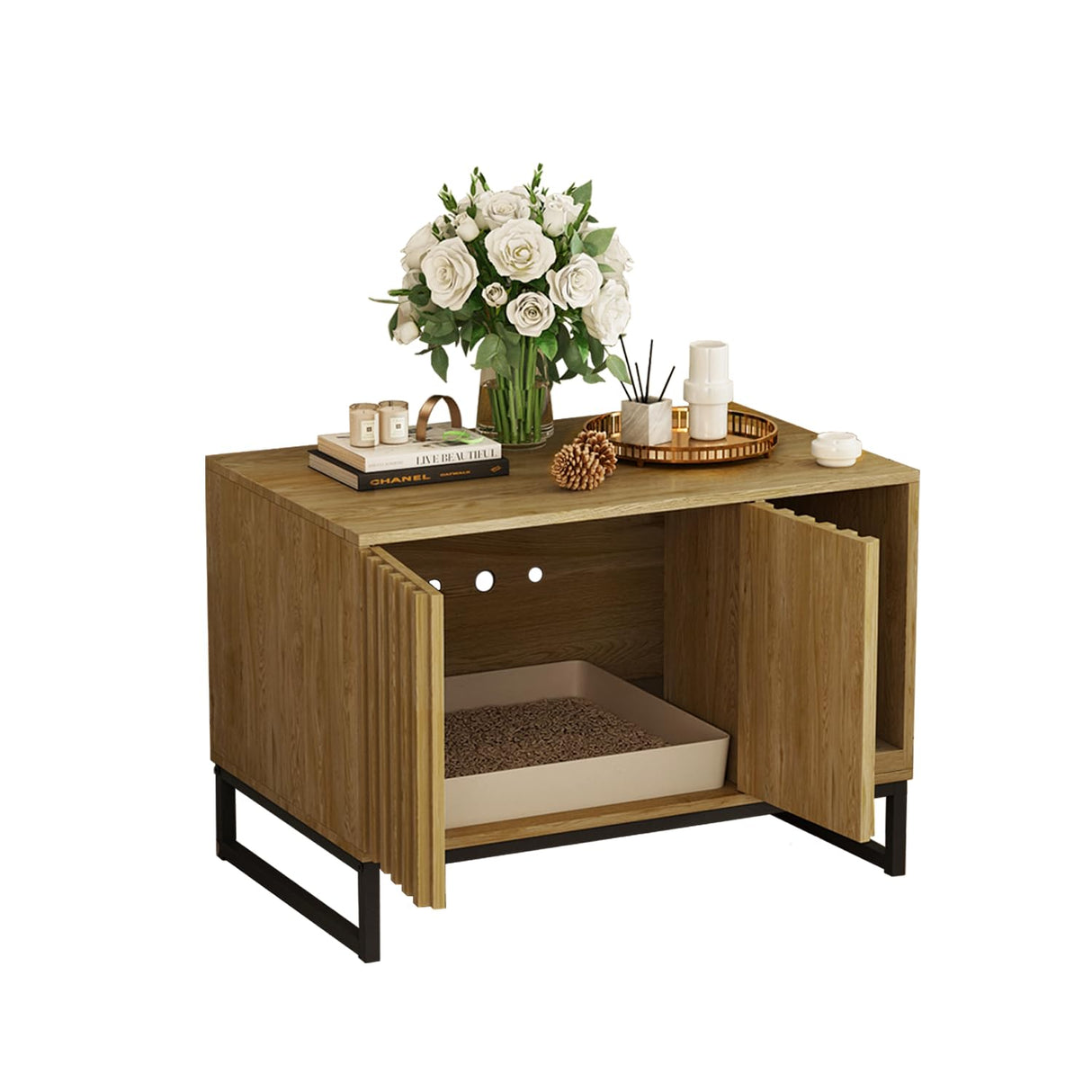 Fienveorn Litter Box Enclosure,Modern Cat Litter Box Enclosure Furniture Hidden Litter Box with Cat Scratch Pad, Cat Washroom Cat House End Table, Entryway Bench for Livingroom (Natural) Halitaa