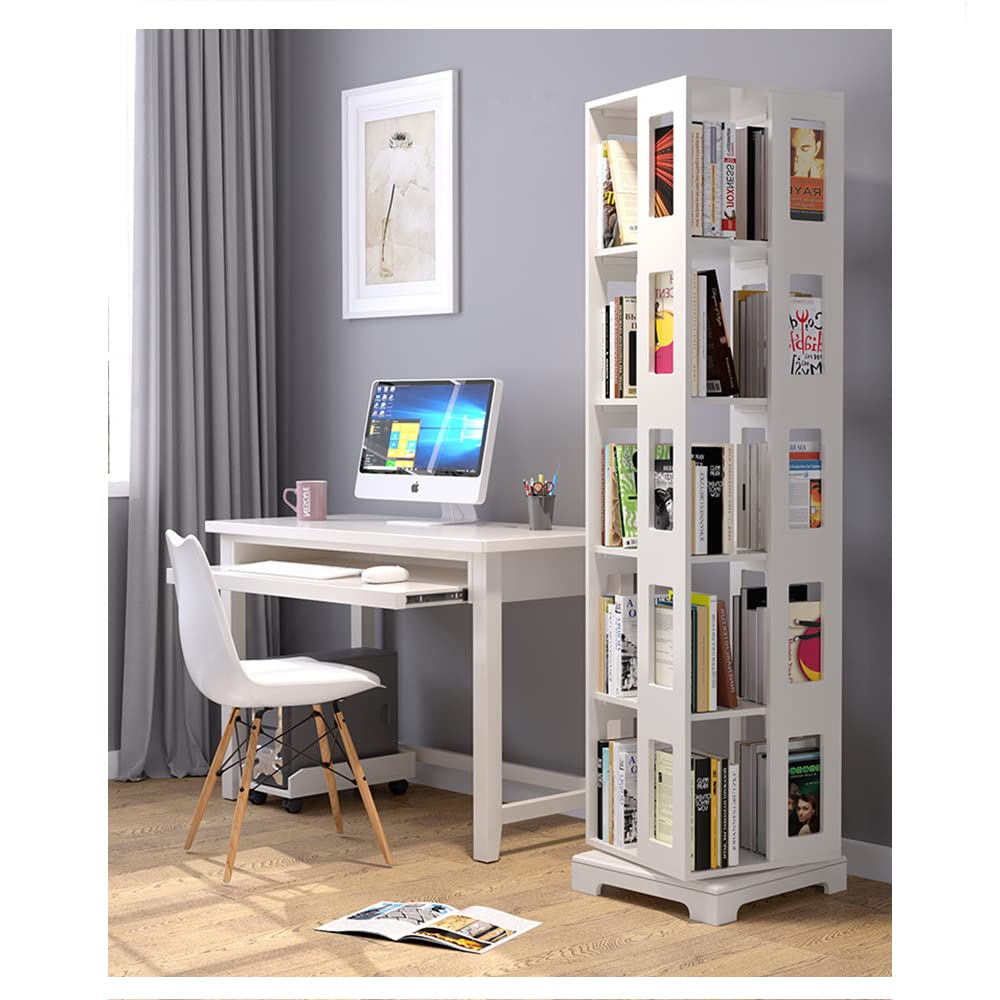 Foriy 5-Tier 360° Rotating White Bookshelf for Kids and Adults - Space-Saving Floor Standing Storage Solution - WoodArtSupply