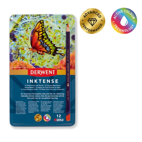 Derwent Inktense Pencils Tin, Set of 12, Great for Holiday Gifts, 4mm Round Core, Firm Texture, Watersoluble, Ideal for Watercolor, Drawing, Coloring and Painting on Paper and Fabric (0700928) Derwent