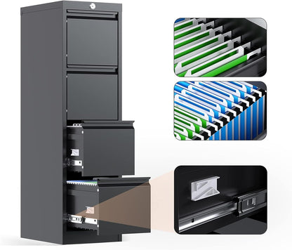 Metal Vertical File Cabinet with 4 Drawer and Lock,Narrow File Storage Cabinet for A4 Letter/Legal Size,W14.96”x D17.72”x H52.36”, Assembly Required(Black) - WoodArtSupply