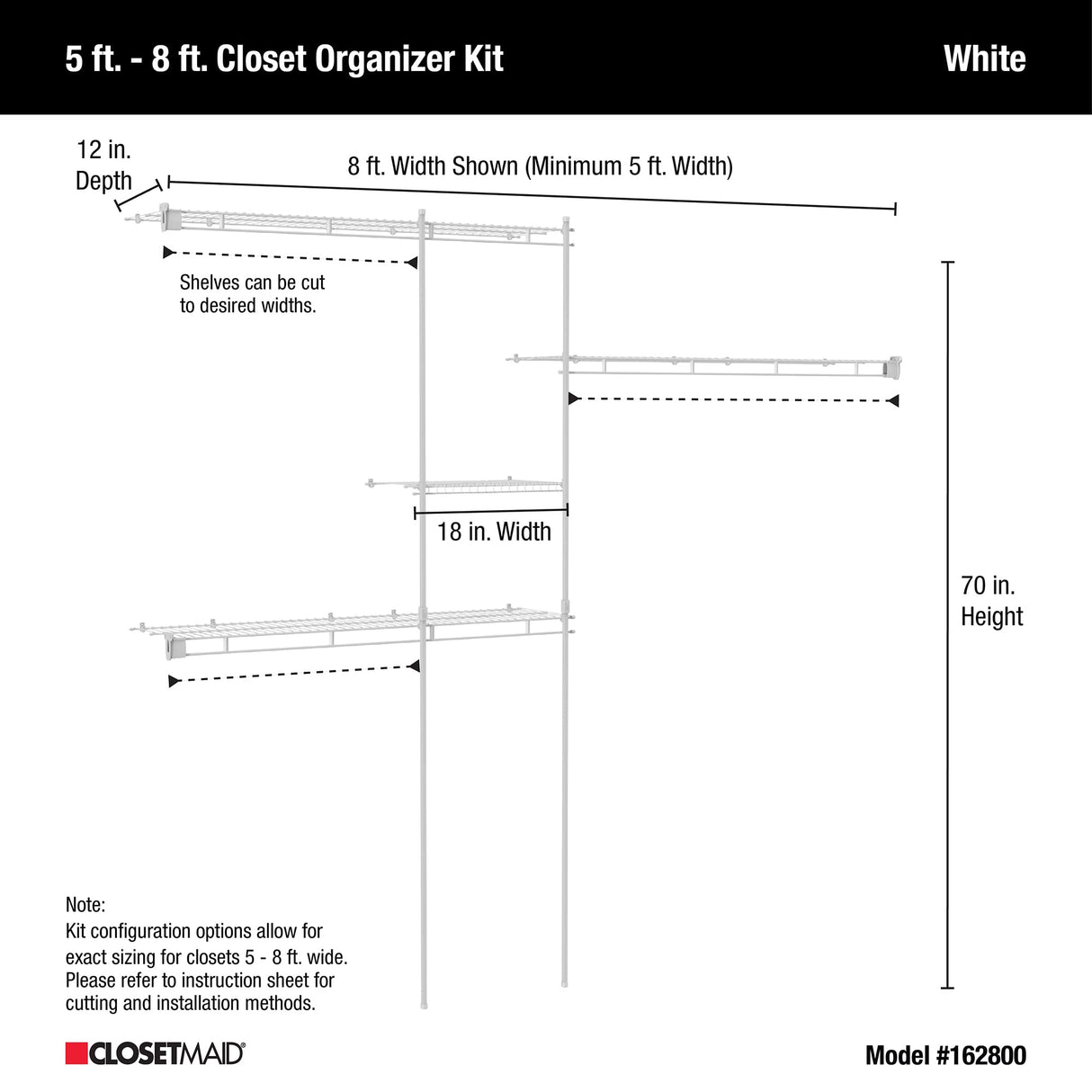 ClosetMaid 1628 Closet Organizer Kit, 5-Foot to 8-Foot, White ClosetMaid