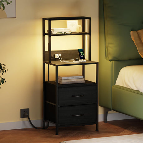 Furnulem Night Stand, Tall Nightstand with 4-Tier Shelves, 2 Fabric Drawers and Light Tube, Bed Side Tables with Charging Station, Bedside Table for Bedroom, Office, Black Oak Furnulem
