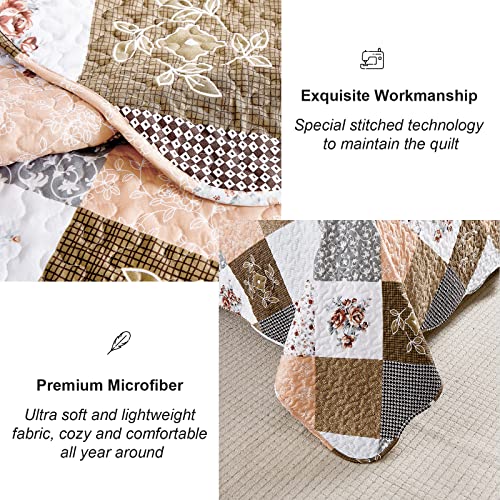 Dinjoy Floral Plaid Patchwork Quilt Set Twin Size, Reversible Brown Bedding Set Soft Microfiber Lightweight Bedspread Coverlet 3 Piece Fall Autumn Summer Use (68x86 inches) Dinjoy