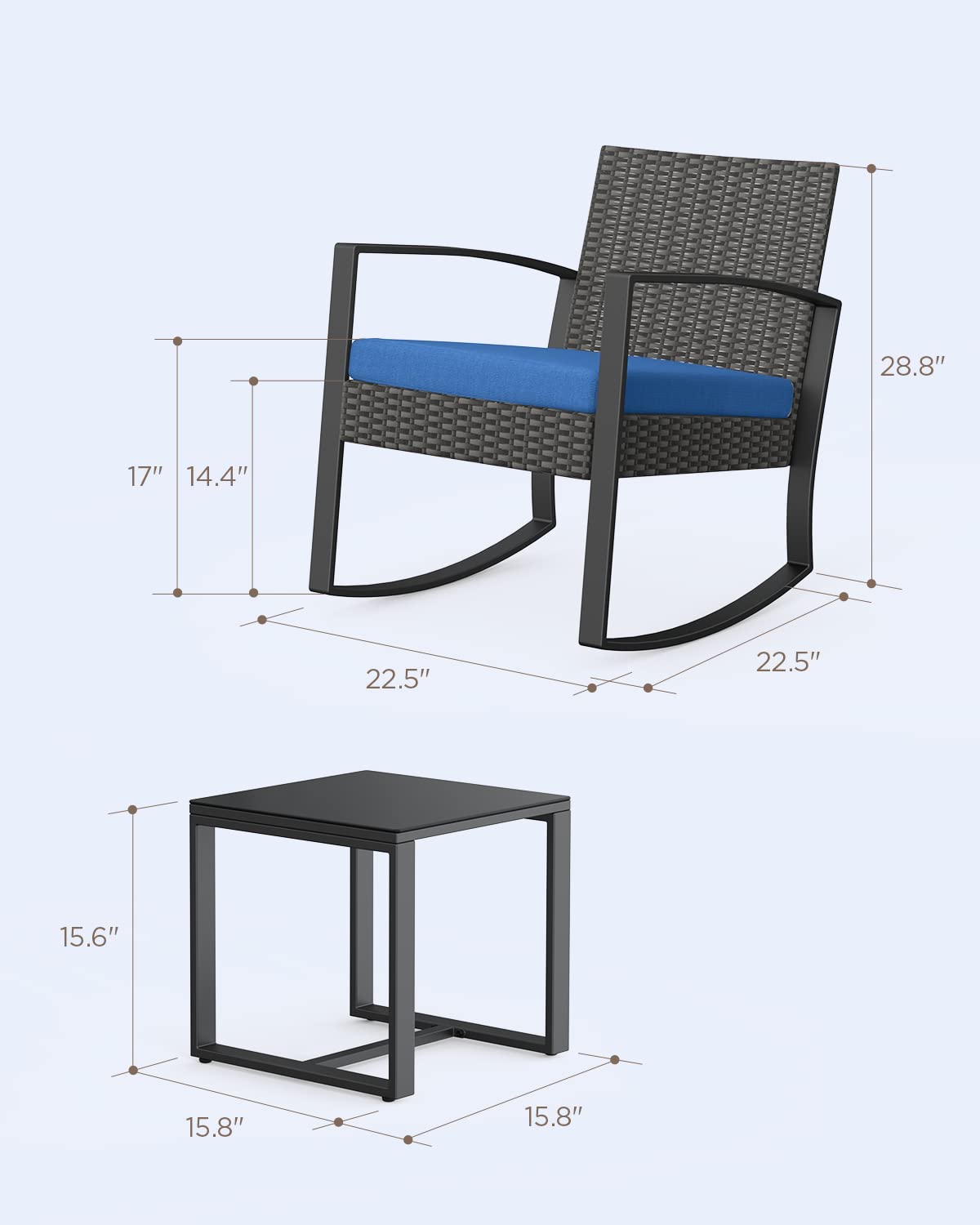 Qsun 3 Piece Patio Bistro Set Patio Furniture Set Outdoor Wicker Rocking Furniture Conversation Set with Tempered Glass Coffee Table for for Front Porch Balcony and Deck (Blue Cushion Qsun