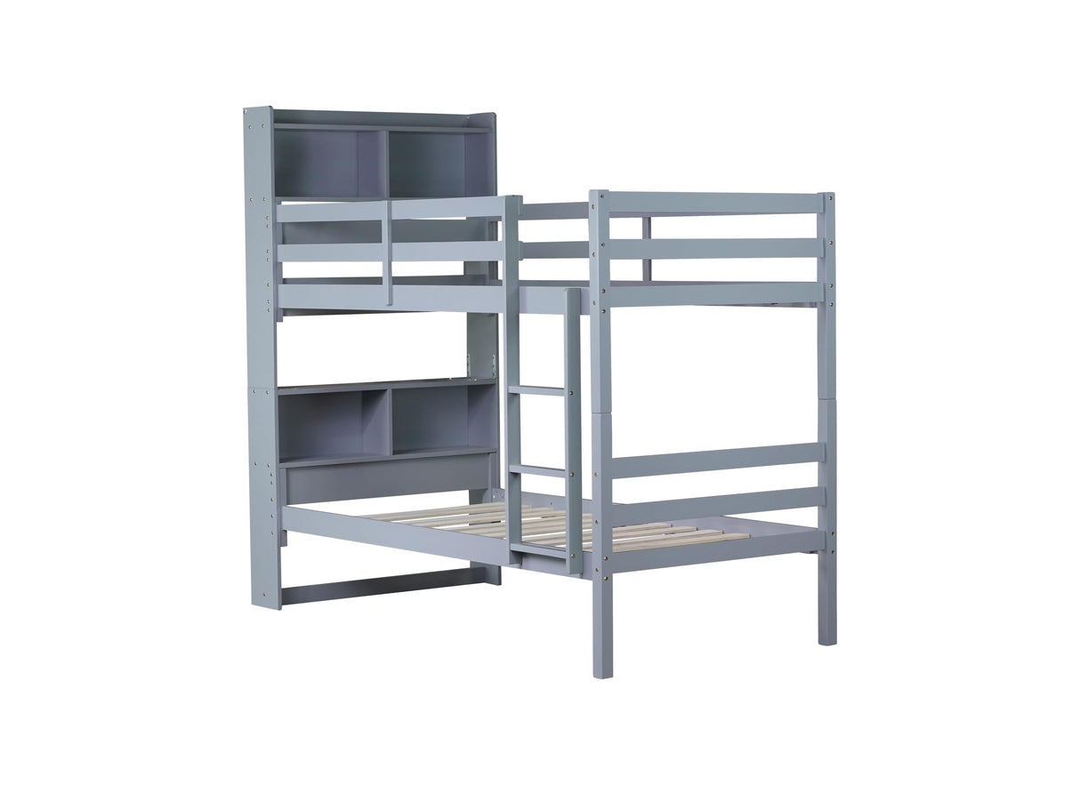 JIJIWANG Twin Over Twin Bunk Bed with Bookcase and Storage Solid Wood Bunk Beds Frame with Shelves, Convertible to 2 Beds, Grey JIJIWANG