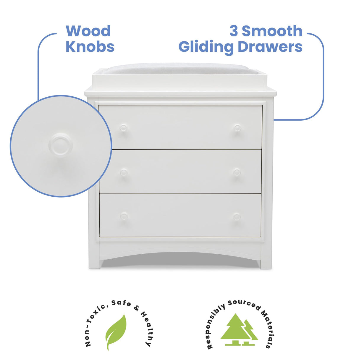 Delta Children Perry 3 Drawer Dresser with Changing Top and Interlocking Drawers, Bianca White Delta Children