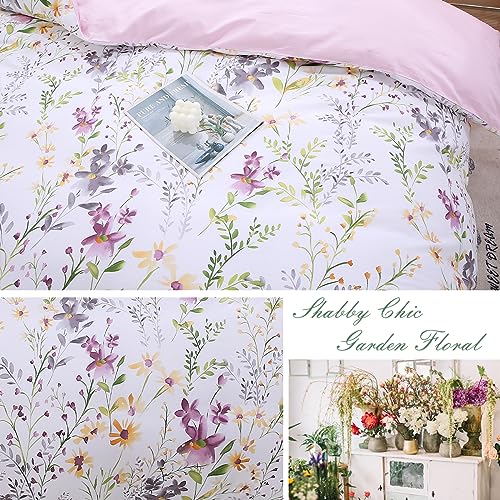 URBONUR Floral Duvet Cover Set Twin Size 3-Pieces Egyptian Cotton Percale Weave Garden Chic Flowers Comforter Bedding Set, Soft and Breathable Duvet Covers with Button Closure URBONUR