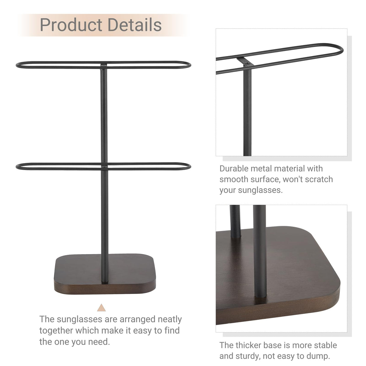 Mkono Sunglasses Organizer Glasses Holder Stand for 24 Pairs of Eyewear, 2 Tier Sunglass Storage Eyeglasses Display Rack Metal Frame with Wood Base for Table Desk Countertop Dresser Bedroom, Black Mkono