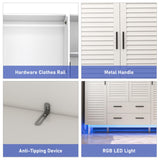 jiteentarou 4 Door Armoire Wardrobe Closet Cabinet with Drawers and LED Lights, Multi-Tier Shelves, Hanging Rod & 4 Louver Doors, Large Capacity Storage Wardrobe Armoire for Bedroom(4 Doors White) jiteentarou